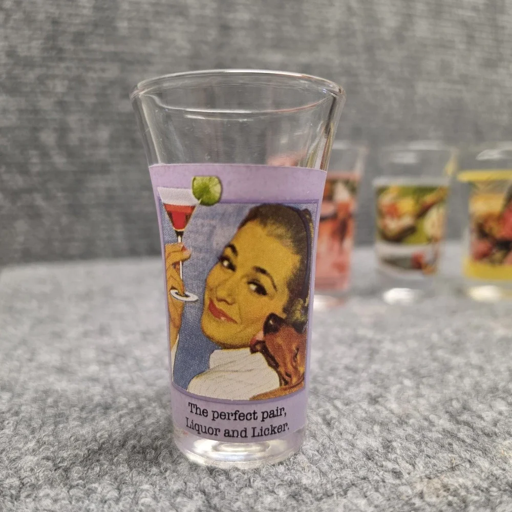 Vintage Anne Taintor Shot Glasses Set of 4 Retro 1950s Funny Humorous Barware